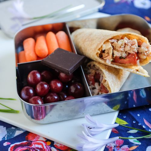 Tuna Bean Wrap, Grapes, Carrots, and Chocolate | EatLove